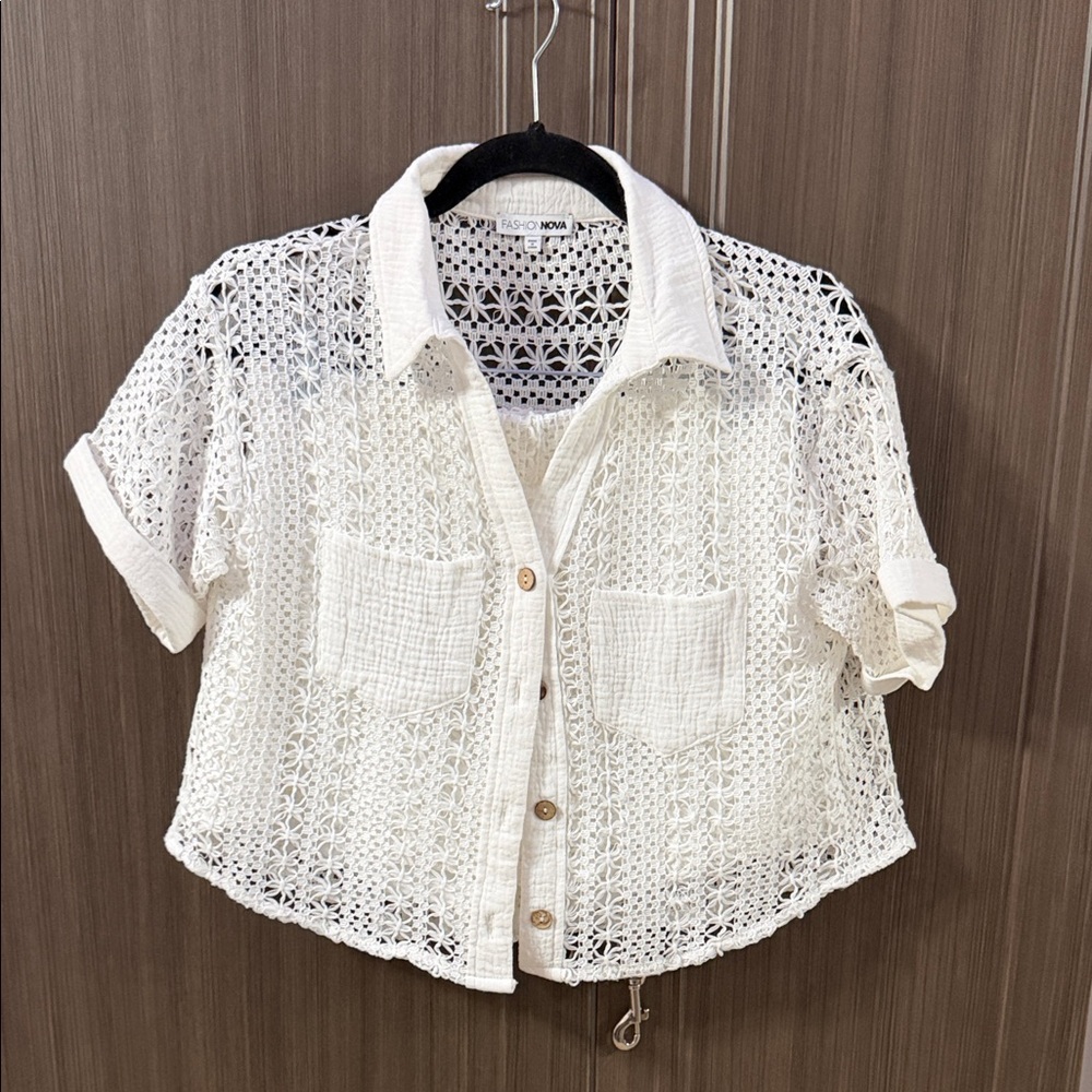 Fashion Nova Ivory Crochet Button-Front‎ Shirt and matching shorts.